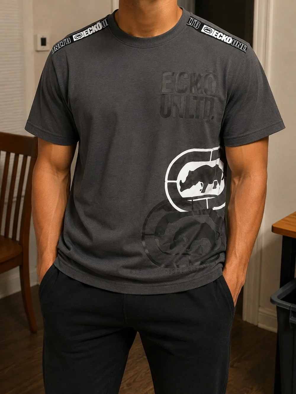 Ecko Unlimited Charcoal Graphic Rhino Tee with White Accent